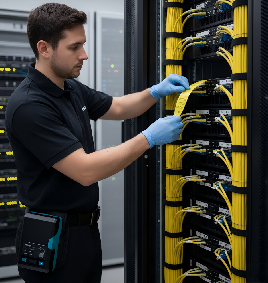 Technicians install fiber optic cable labels for cabling management