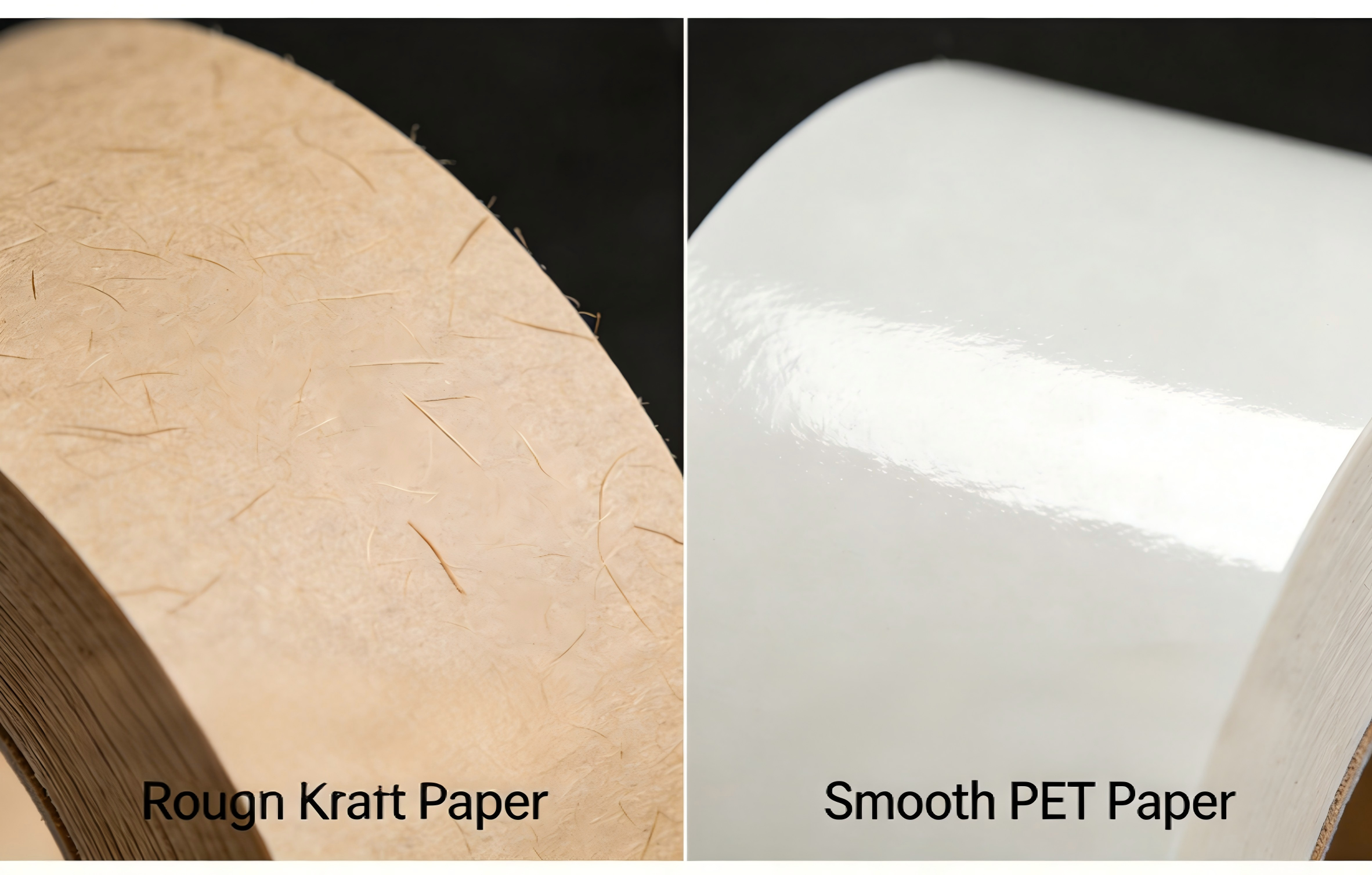 Comparison of label material surface smoothness rough kraft paper vs. smooth PET paper