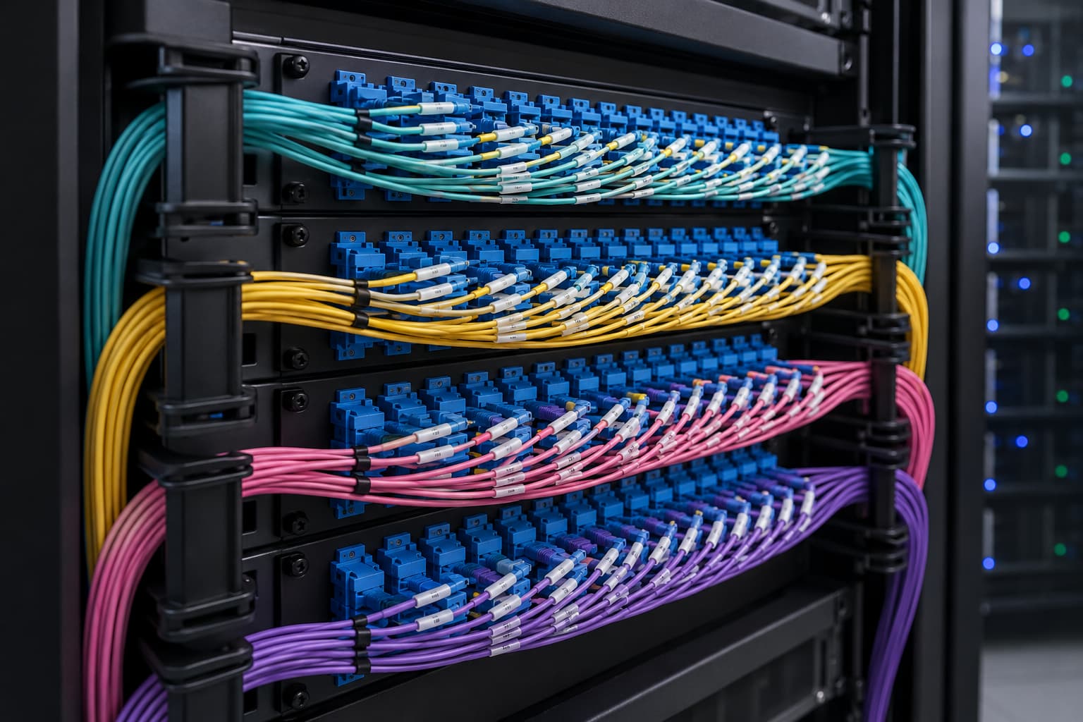 A high-density fiber optic patch panel inside a data center, showing tightly bundled colored patch cords with adhesive labels attached near the connectors