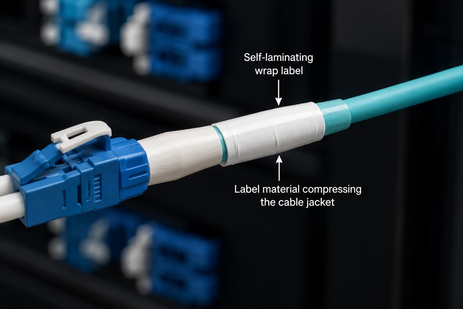 Self-adhesive wrapping labels are firmly attached to the thin fiber optic patch cord.