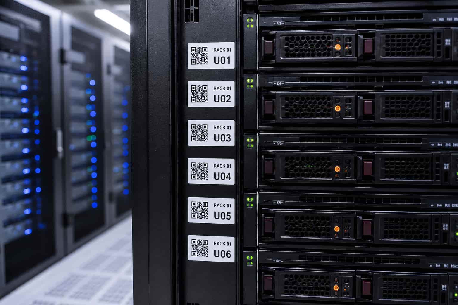 QR code labels applied to data center server racks